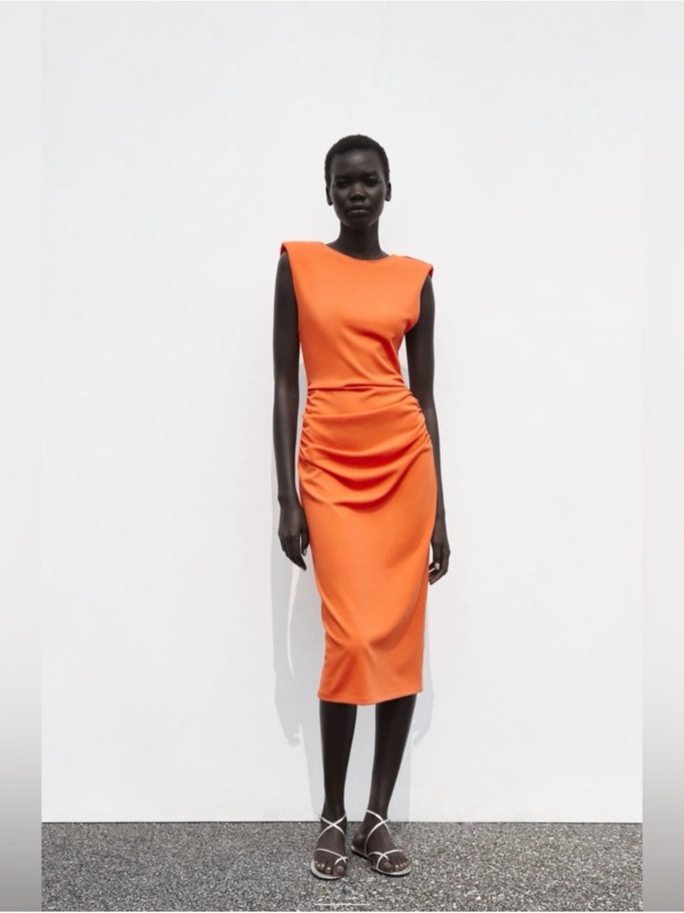 Zara Orange Sleeveless Ruched Midi Dress